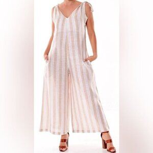 @Zucar Linen Beige Ivory Striped Palazzo Leg Jumpsuit Medium NWT